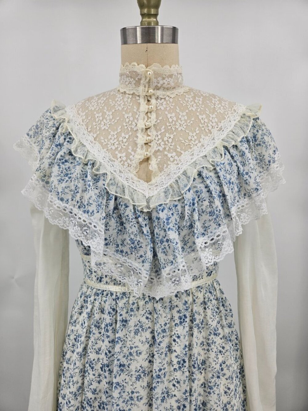 VTG Gunne Sax Prairie Maxi Dress Womens 5 Blue Floral Cottagecore Lace Gauze - Picture 2 of 8